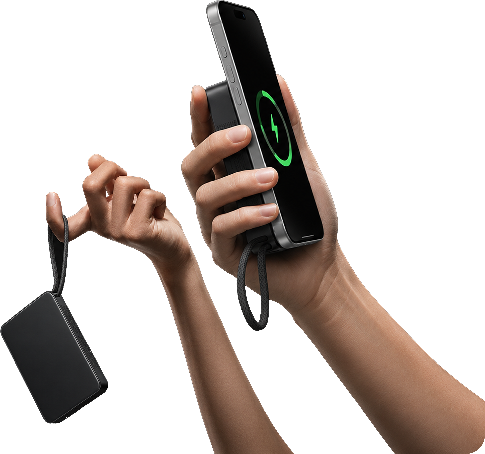 Hand holding magnetic wireless power bank with MagSafe charging display on smartphone