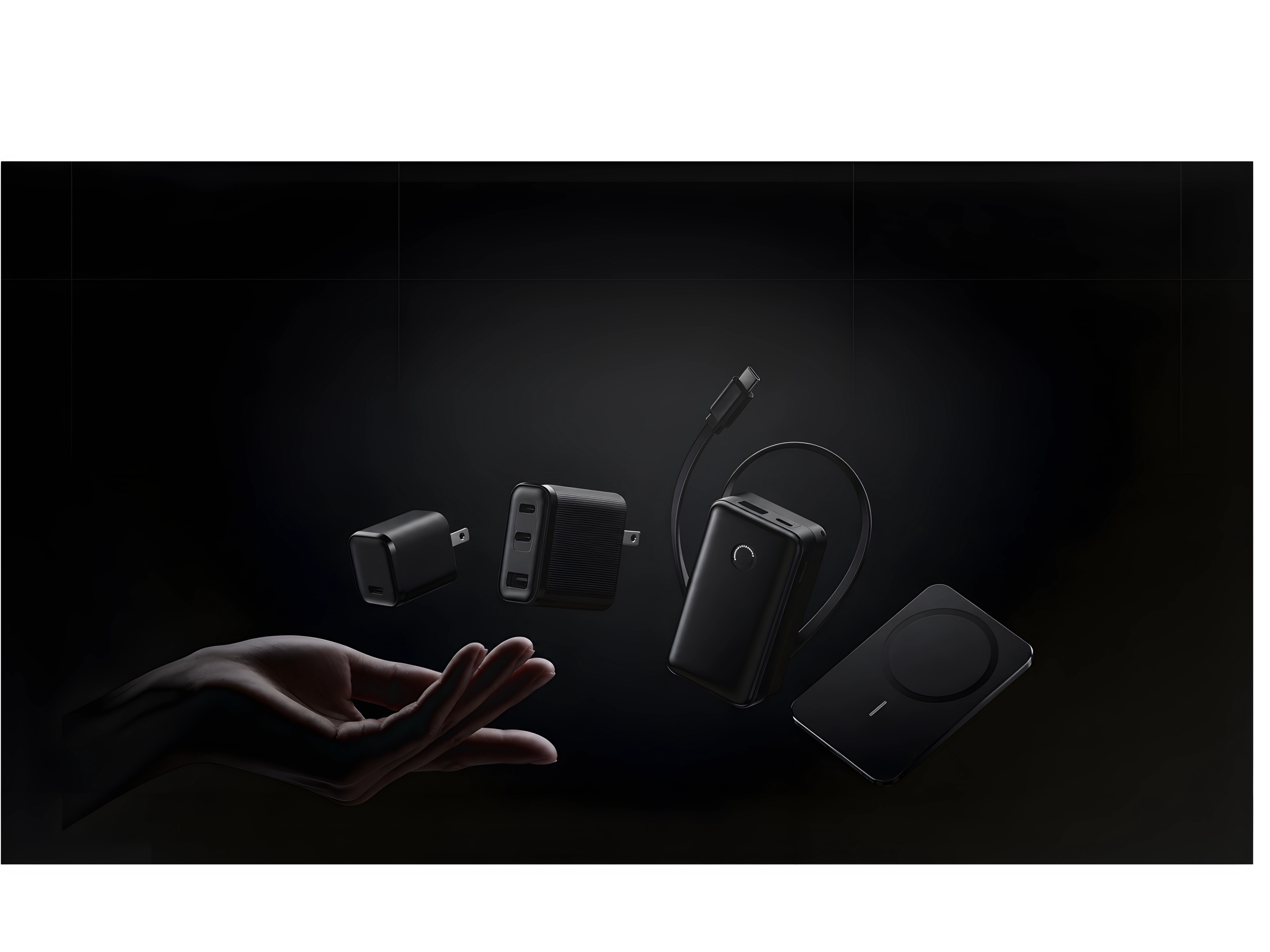 Hands showcasing smart electronics, multi-port GaN fast chargers, magnetic wireless power banks, and accessories