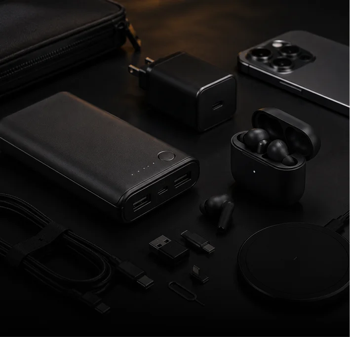 Mobile Accessories - Fast GaN wall chargers, braided cables, wireless power banks, and premium earbuds